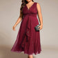Plus Size Sleeveless Glittery Ruffled V-Neck Midi Wedding Guest Dress