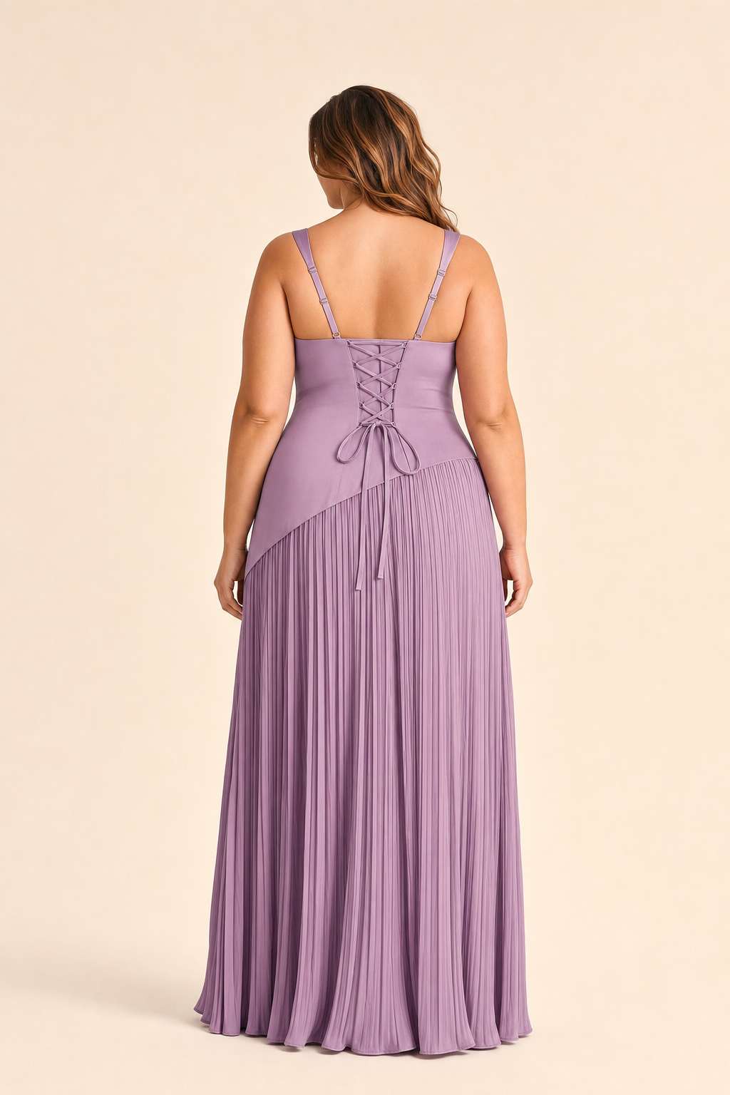 Plus Size Bridesmaid Dress with Pleated Satin and Lace Up Open Back
