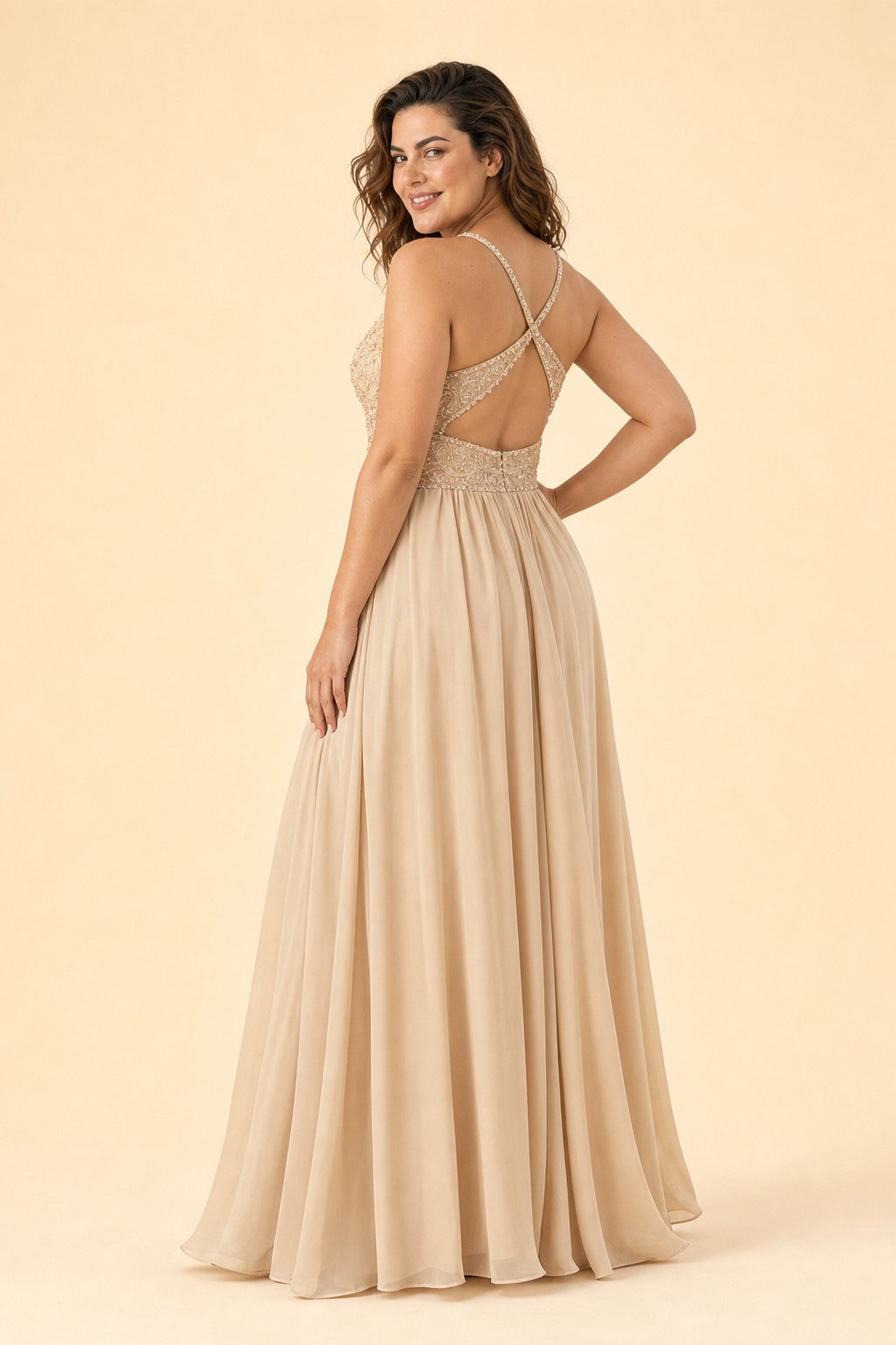 Plus Size Bridesmaid Evening Gown with Sequins Lace and Elegant Open Back A-Line Dress Maxi