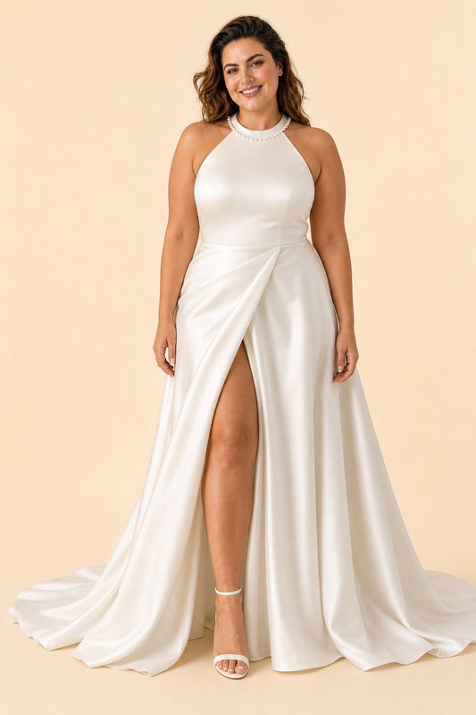 Plus Size Satin Wedding Dress with Bow Back Slit and Chapel Train