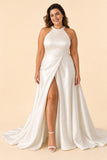 Plus Size Satin Wedding Dress with Bow Back Slit and Chapel Train