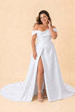 Plus Size Off-Shoulder Wedding Dress with Ruched Bodice and A-Line Skirt