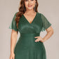 Plus Size V Neck Ribbon Waist Formal Evening Dress With Sleeves