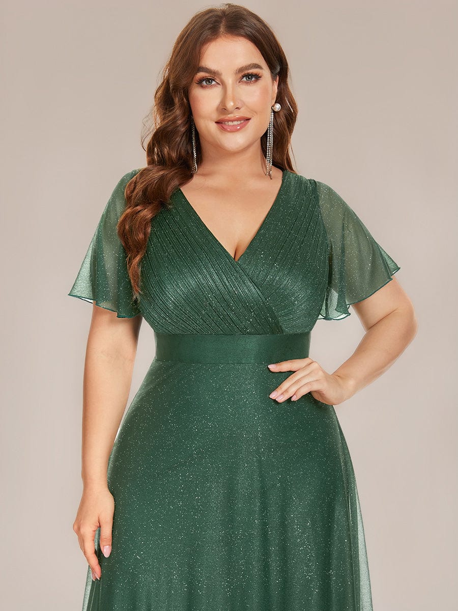 Plus Size V Neck Ribbon Waist Formal Evening Dress With Sleeves