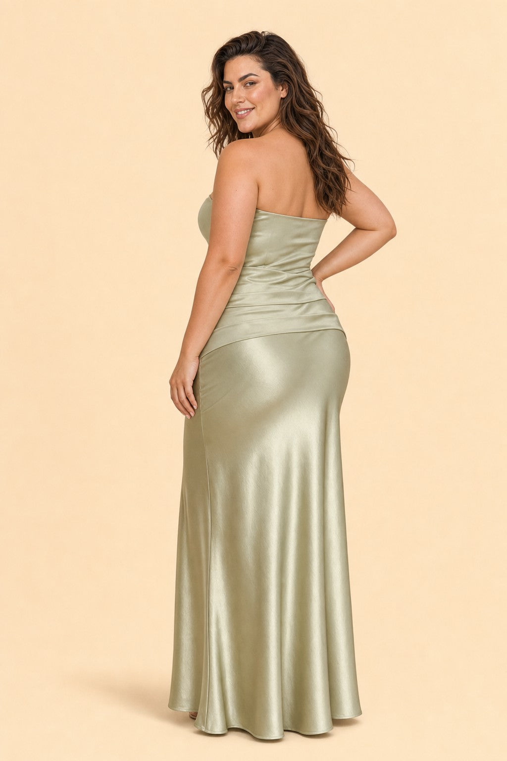 Plus Size Strapless Bridesmaid Dress Ruched Maxi Dress with Draped Waist Tie Elegant Gown