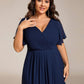 Plus Size Double V-Neck Ruffles Sleeve Chiffon Midi Wedding Guest Dress