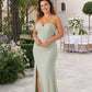 Plus Size Strapless Bridesmaid Dress with Cutout Back Bow and Slit