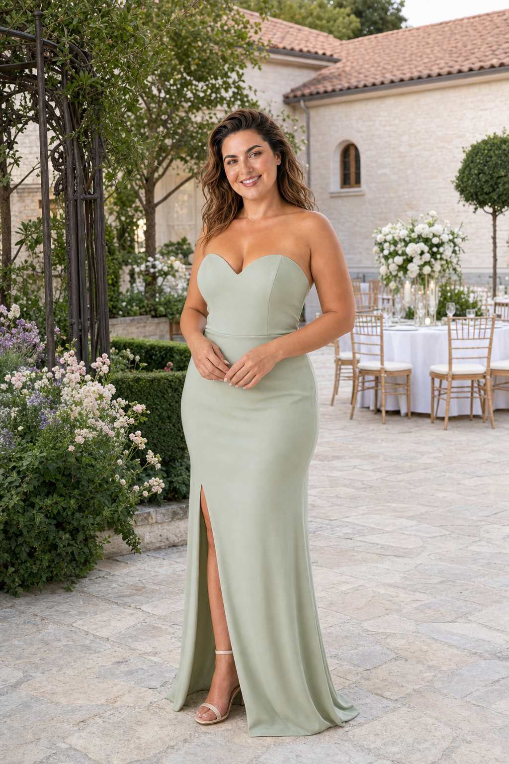 Plus Size Strapless Bridesmaid Dress with Cutout Back Bow and Slit