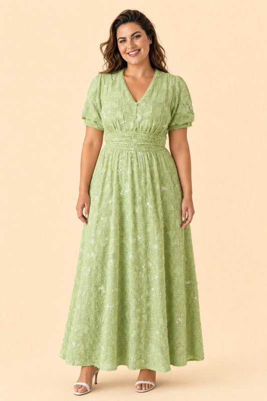 Plus Size Floral Sequin Bridesmaid Dress with Puff Sleeves and A-Line Skirt