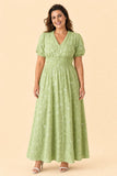 Plus Size Floral Sequin Bridesmaid Dress with Puff Sleeves and A-Line Skirt