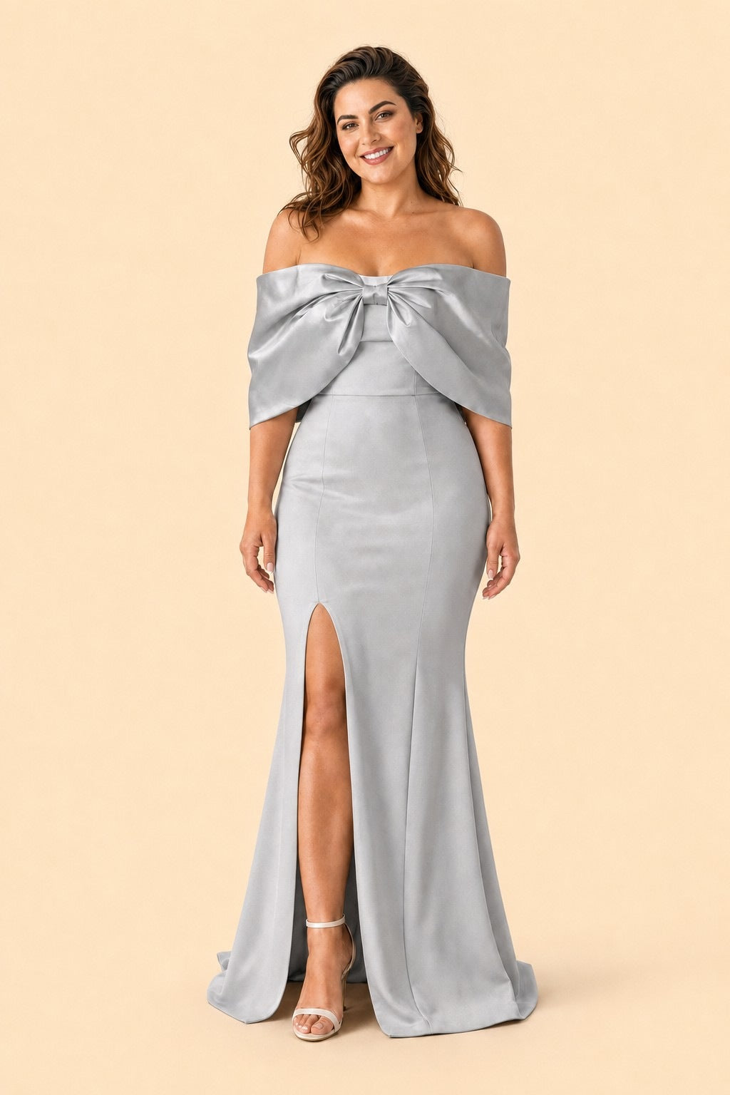 Elegant Plus Size Bridesmaid Dress with Off Shoulder Bow Detail and Slit