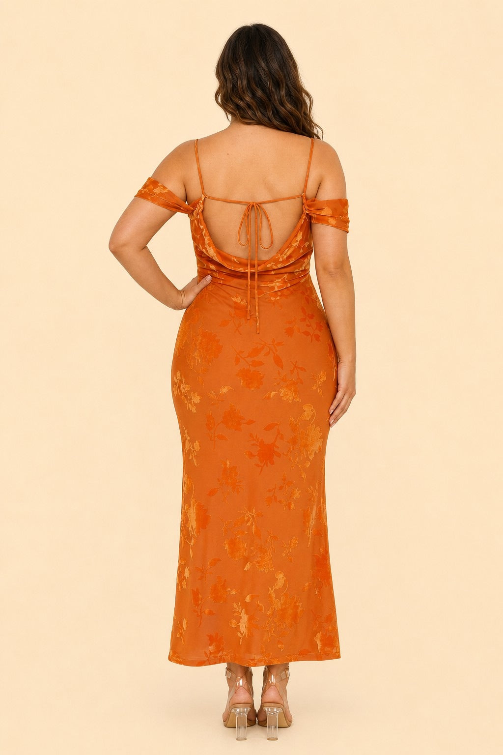Plus Size Off Shoulder Burnout Floral Bridesmaid Dress with Lace-Up Back