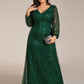 Plus Size V-Neck Lantern Long Sleeve Sequin A-Line Evening Dress
