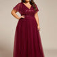 Plus Size Short Sleeves Sequin V-Neck Formal Evening Dress with Tulle
