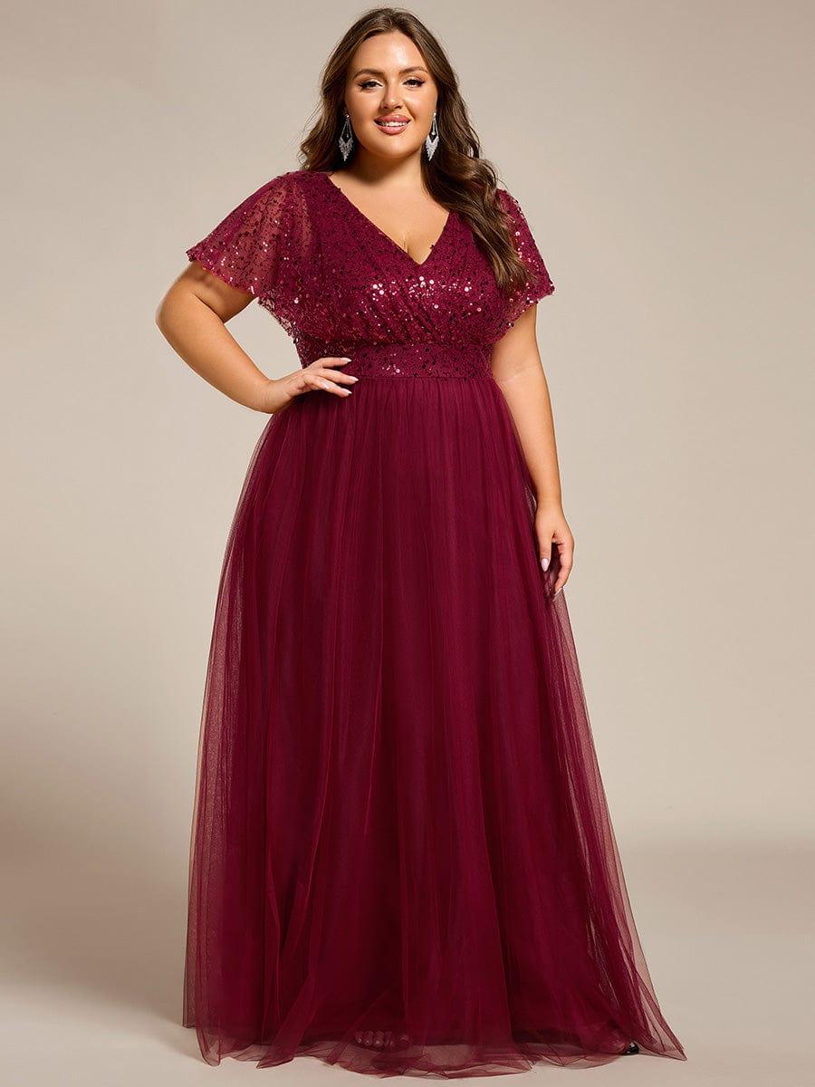 Plus Size Short Sleeves Sequin V-Neck Formal Evening Dress with Tulle