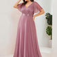 Plus Size V Neck Ribbon Waist Formal Evening Dress With Sleeves