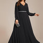 Plus Size A-Line V-Neck See-Through Long Sleeves Shiny Belt Chiffon Evening Dress
