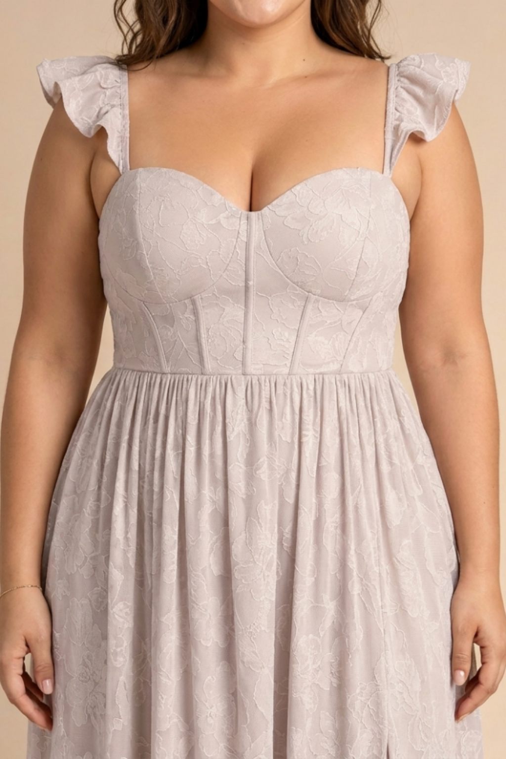 Plus Size A-Line Bridesmaid Dress with Floral Burnout Fabric Ruched Bodice and Slit Detail
