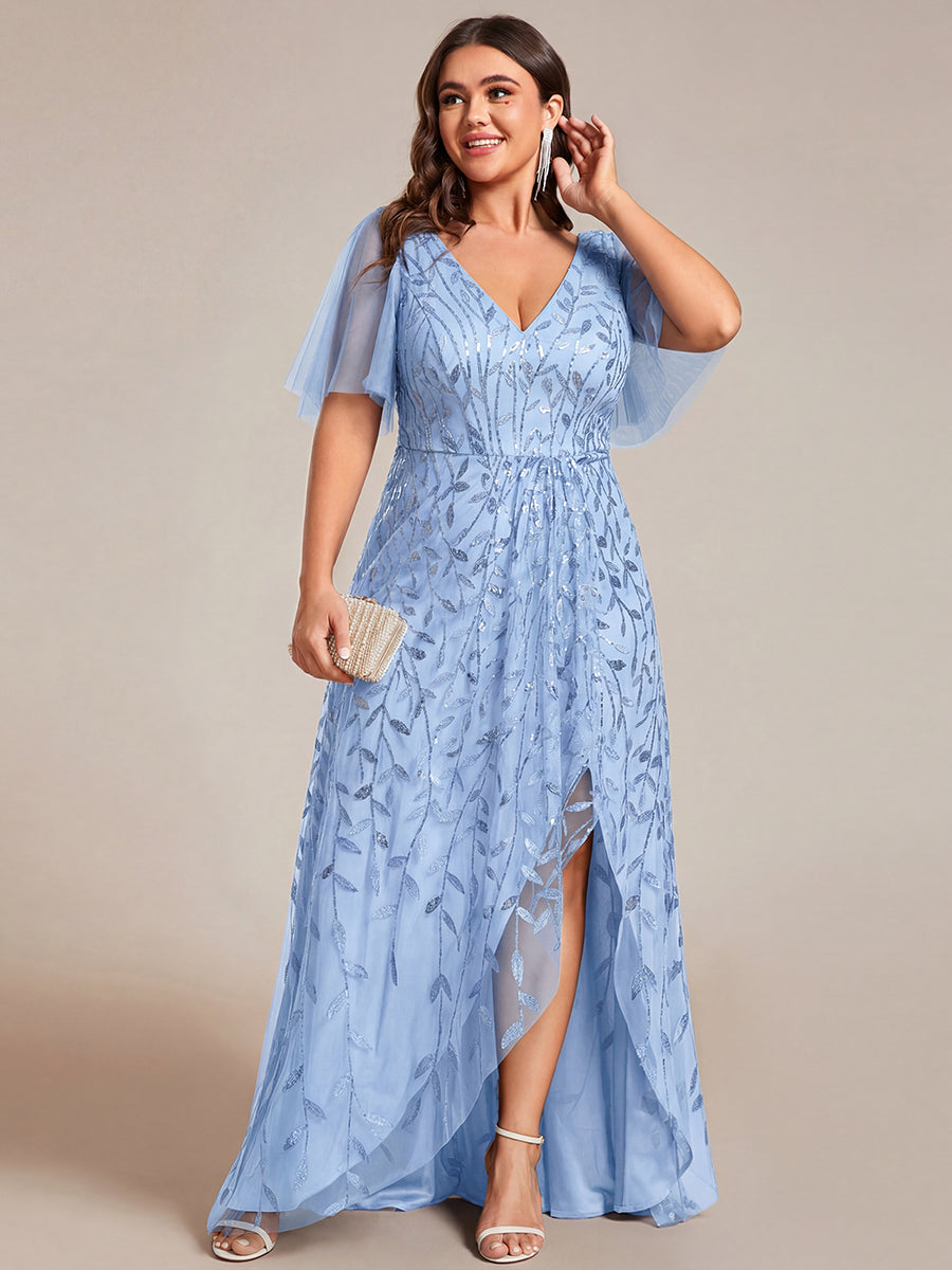 Plus Size Short Sleeves Sequin High Low V-Neck Midi Formal Evening Dress