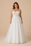 Plus Size A-Line Bridal Gown with Strapless Neckline Delicate Lace Applique and Back Tie Design