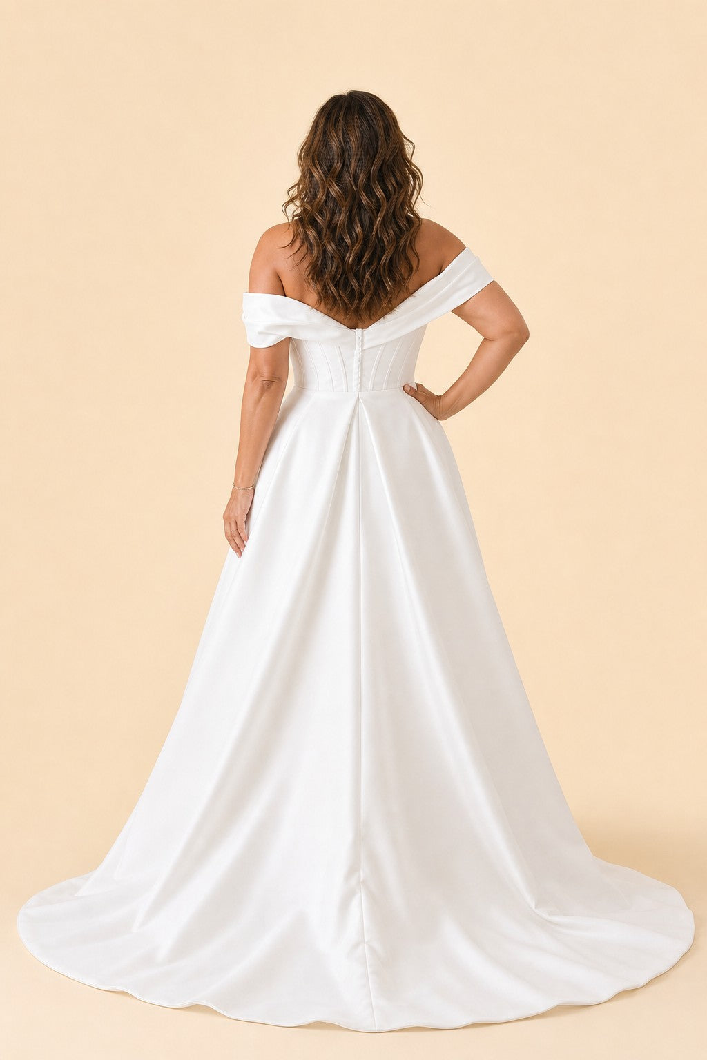 Plus Size Off-Shoulder Wedding Dress with Ruched Bodice and A-Line Skirt