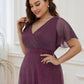 Plus Size V Neck Ribbon Waist Formal Evening Dress With Sleeves