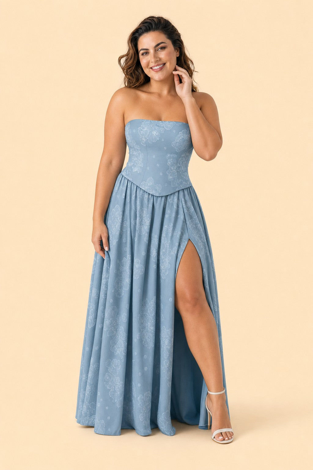 Plus Size Floral Burnout Bridesmaid Dress with Removable Straps and Lace Up Back