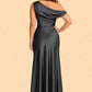 Floor Length Stretch Satin Bridesmaid Gown with Asymmetrical Neckline