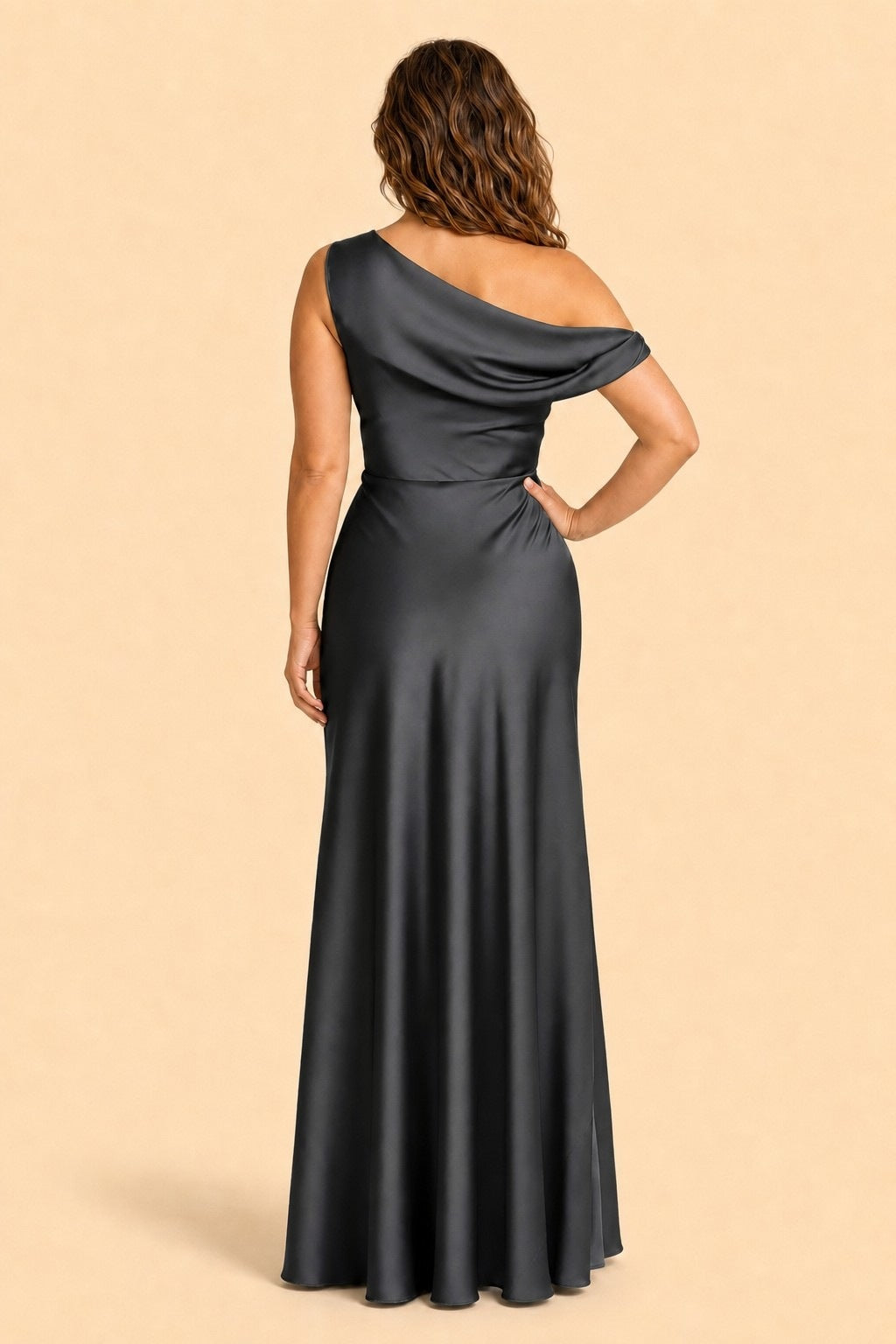 Floor Length Stretch Satin Bridesmaid Gown with Asymmetrical Neckline