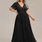 Plus Size V-Neck Glittery Short Sleeves Formal Evening Dress with Empire Waist