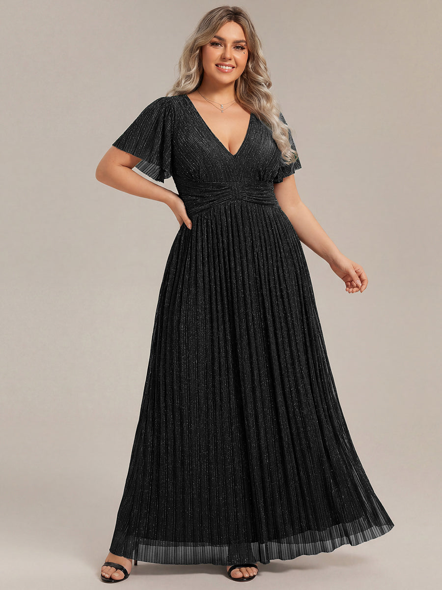 Plus Size V-Neck Glittery Short Sleeves Formal Evening Dress with Empire Waist