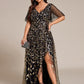 Plus Size Short Sleeves Sequin High Low V-Neck Midi Formal Evening Dress