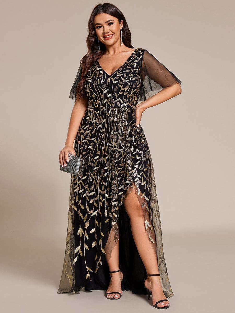 Plus Size Short Sleeves Sequin High Low V-Neck Midi Formal Evening Dress