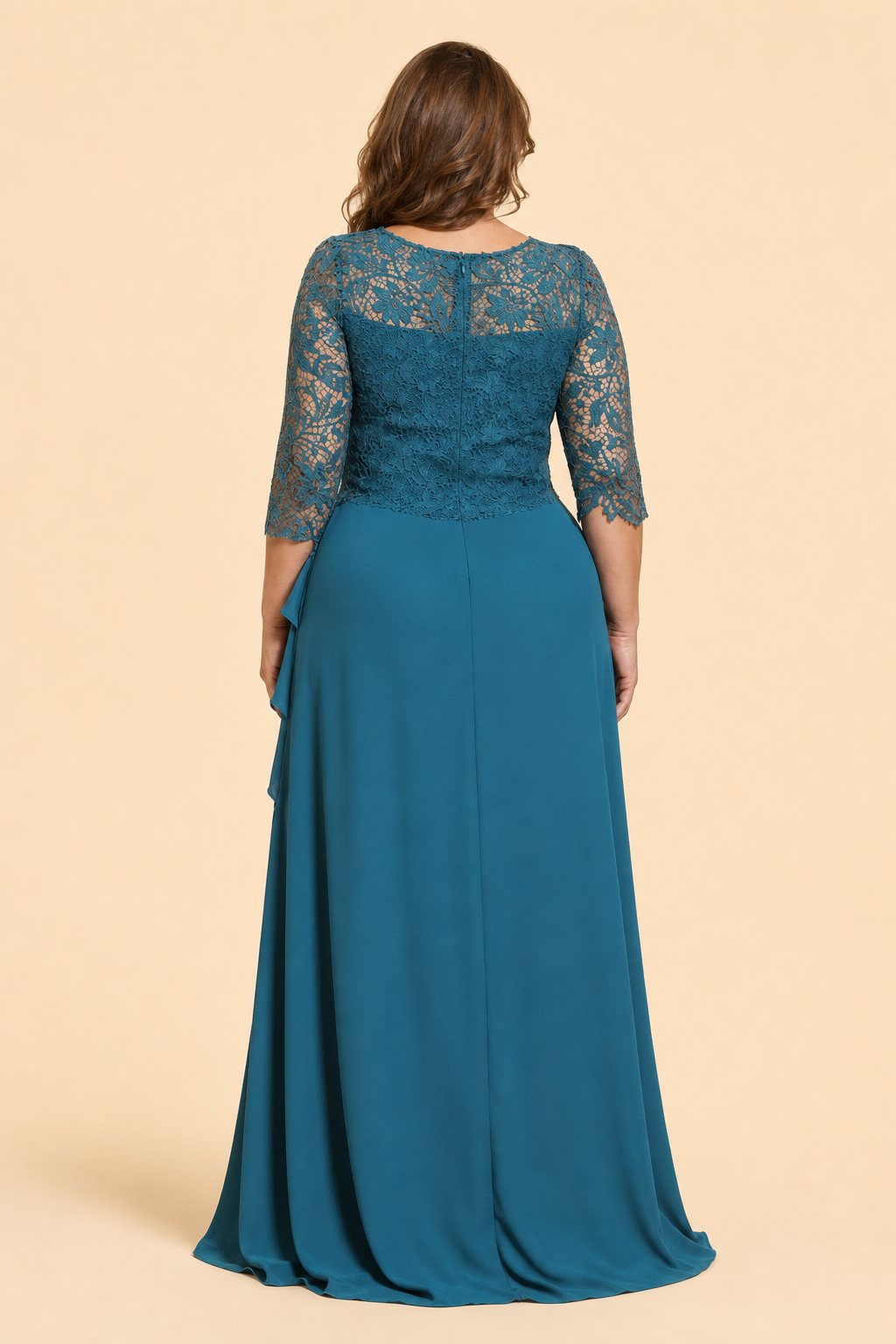 Elegant Evening Gown with Lace Patchwork and Tiered A-Line Silhouette