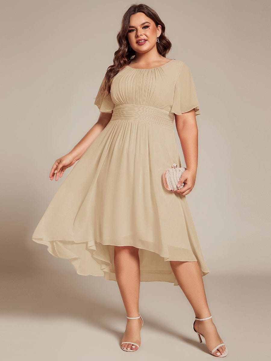 Plus Size Pleated Round Neckline A-Line Midi Chiffon Wedding Guest Dress