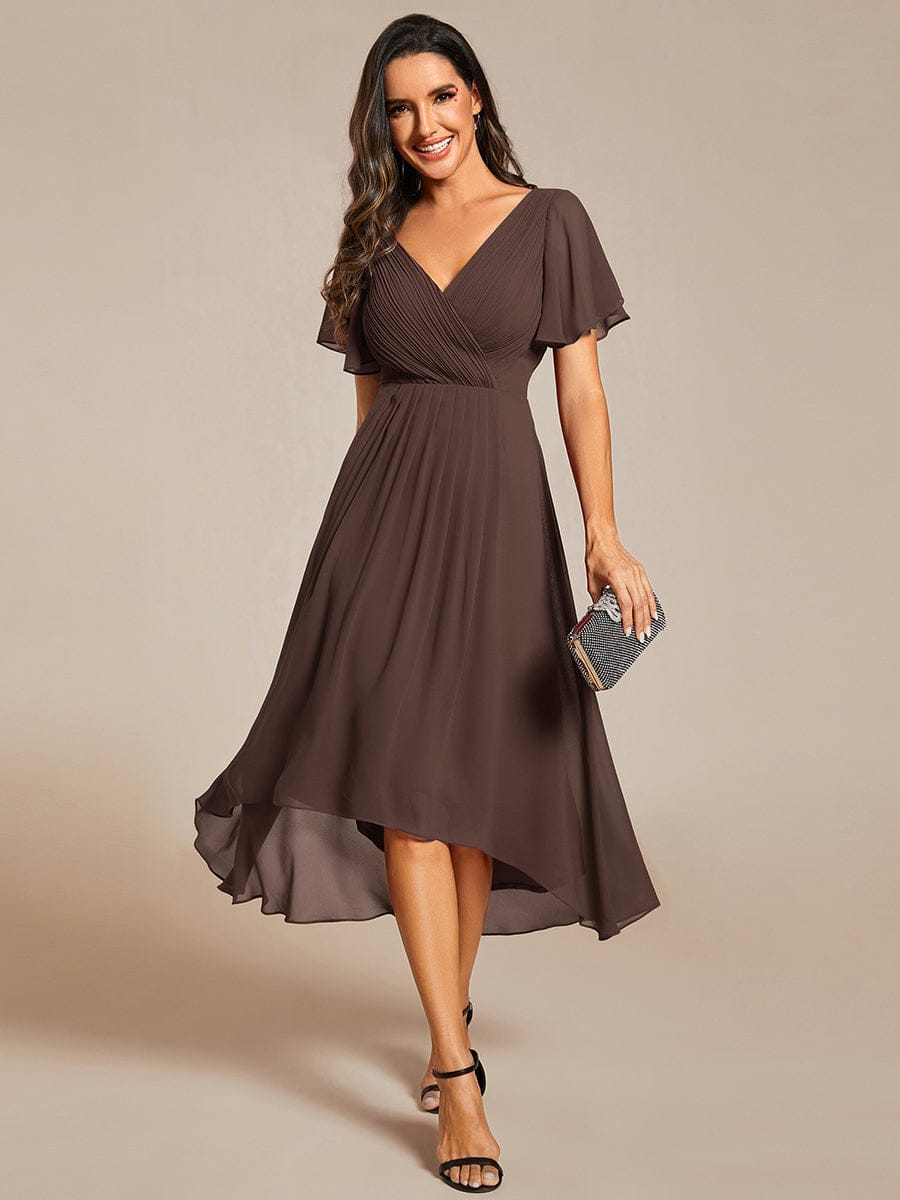 Plus Size Double V-Neck Ruffles Sleeve Chiffon Midi Wedding Guest Dress