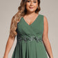 Sleeveless V-Neck High Low Plus Size Wedding Guest Dress with Floral Applique