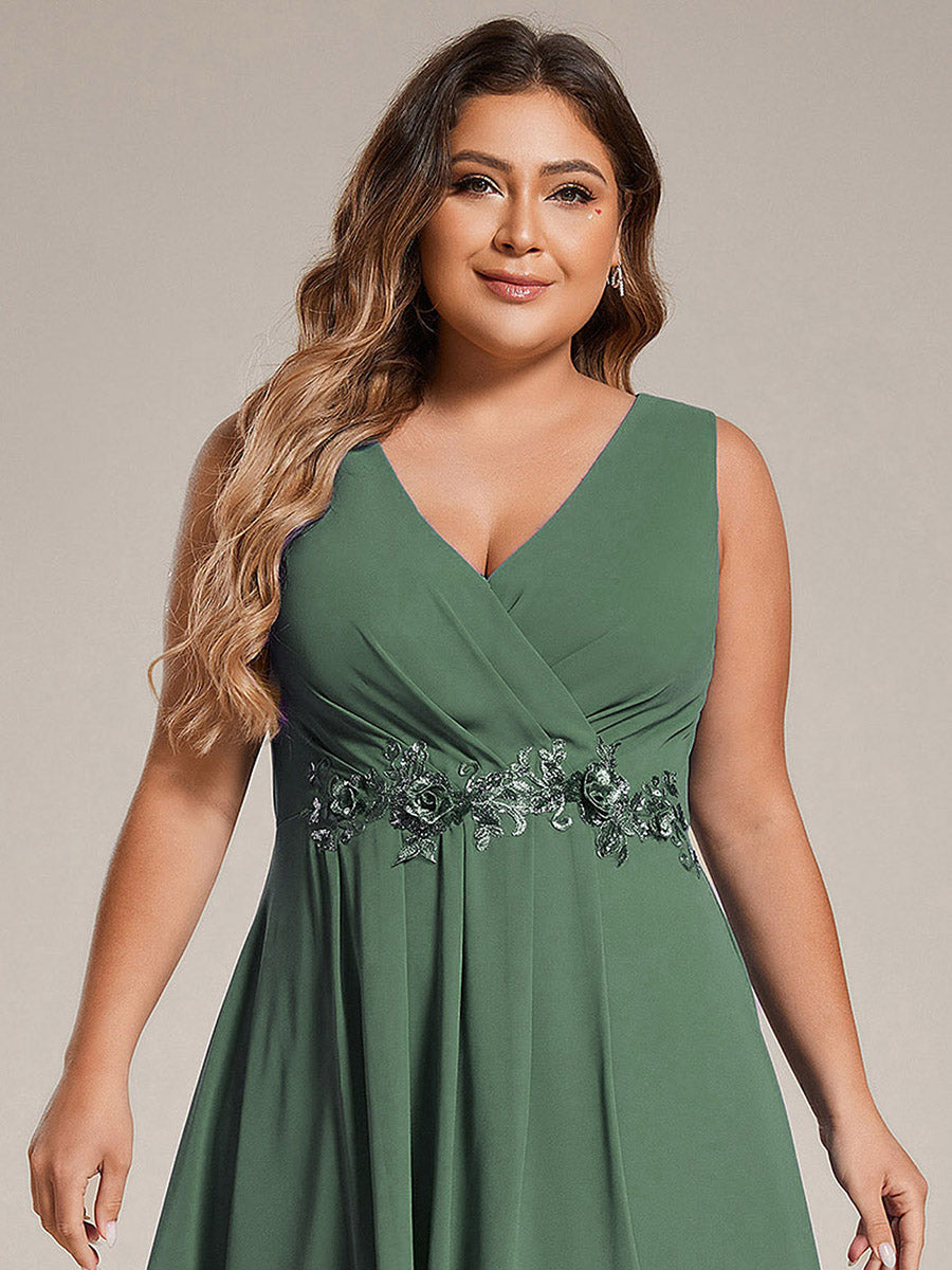 Sleeveless V-Neck High Low Plus Size Wedding Guest Dress with Floral Applique