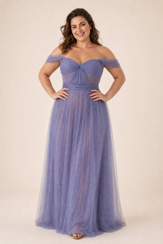 Plus Size A-Line Tulle Bridesmaid Dress with Ruched Slit Detail