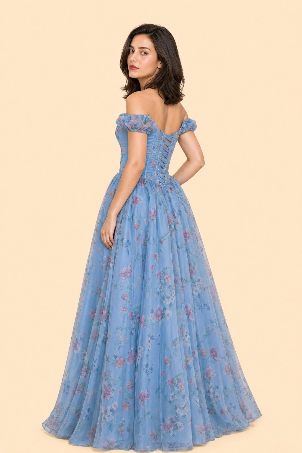 Plus Size Romantic Floral Print Bridesmaid Dress with Basque Waist - Ruched Bodice and Lace-Up Back