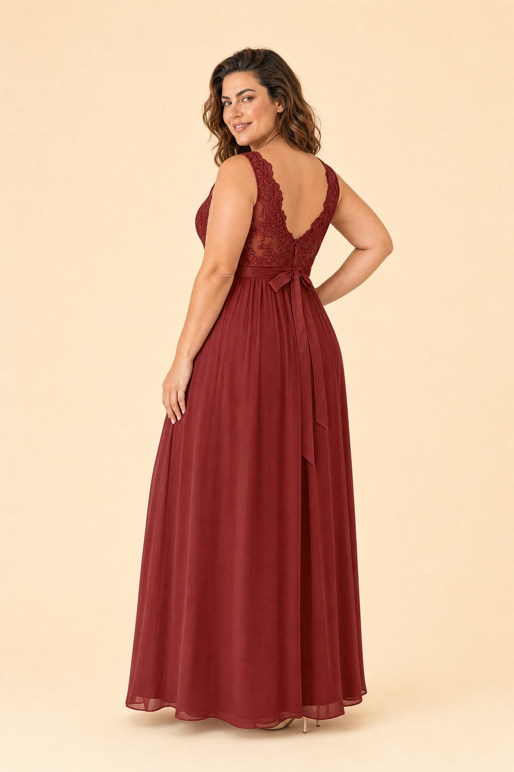 Plus Size Lace Bridesmaid Dress with Slit and Pockets Elegant A-Line Chiffon Open Back Formal Gown