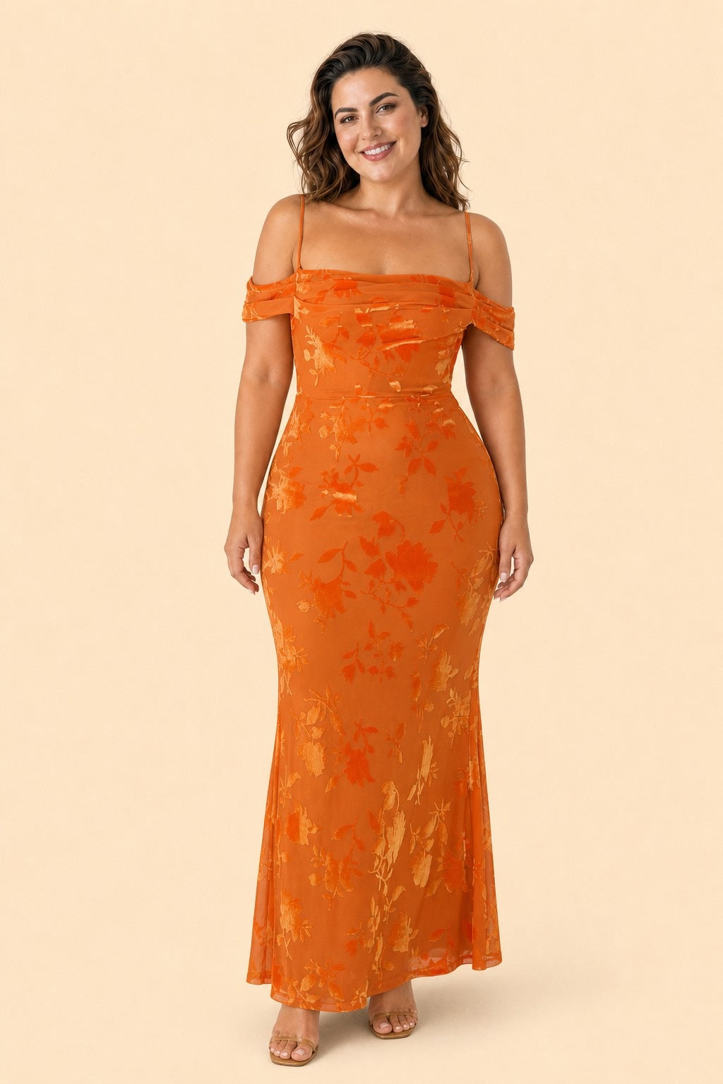 Plus Size Off Shoulder Burnout Floral Bridesmaid Dress with Lace-Up Back