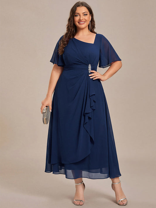 Plus Size Chiffon Ruffle Sleeve Formal Dress