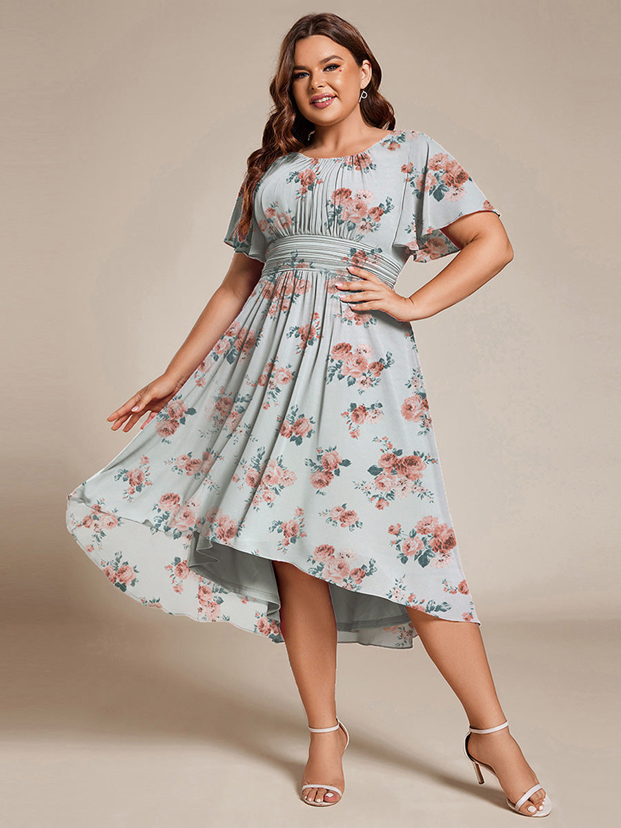 Plus Size Pleated Round Neckline A-Line Midi Chiffon Wedding Guest Dress