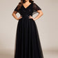 Plus Size Short Sleeves Sequin V-Neck Formal Evening Dress with Tulle