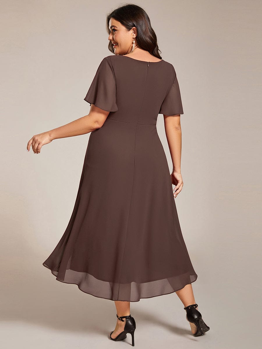 Plus Size Chiffon Short Sleeves Pleated V-Neck A-Line Midi Wedding Guest Dress