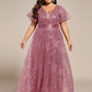 Plus Size Illusion Sequin V-neck Short Sleeve Maxi Formal Dress