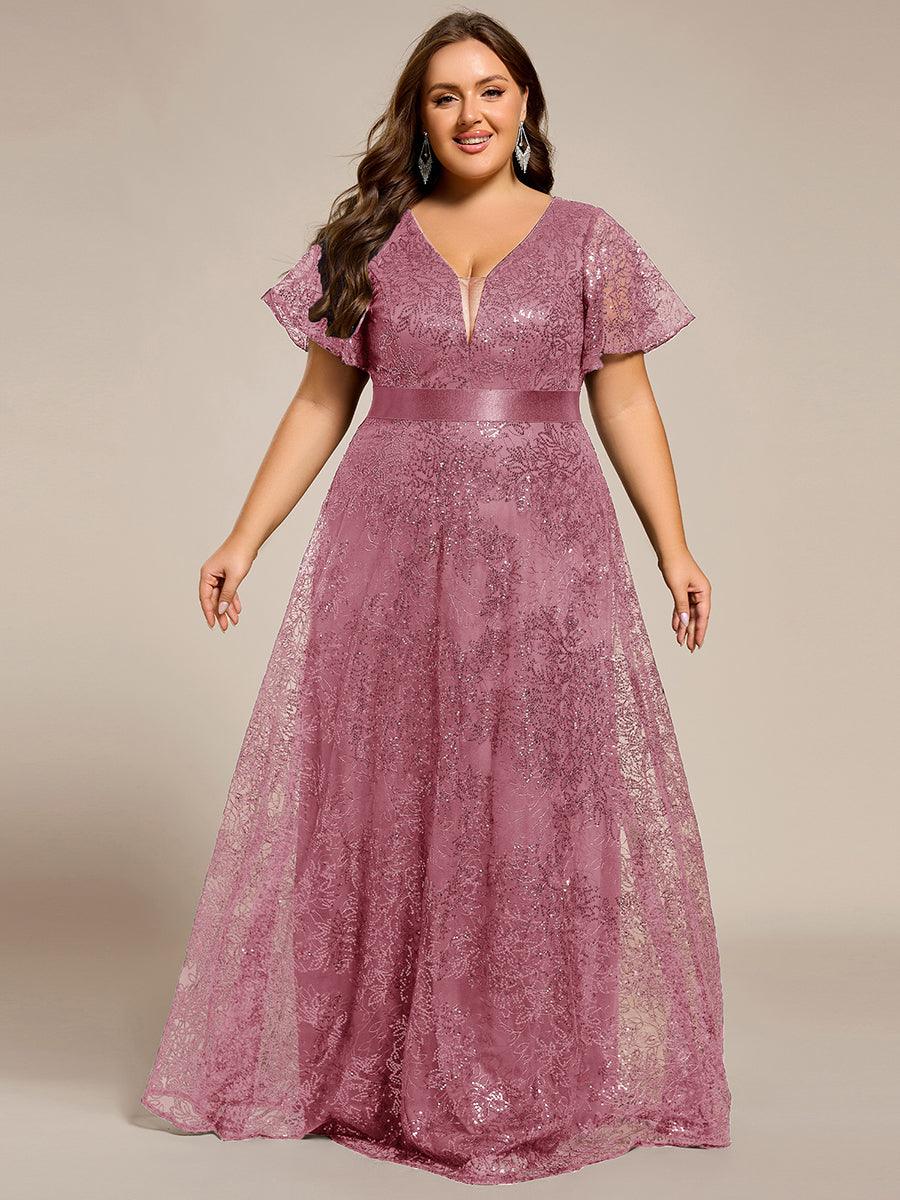 Plus Size Illusion Sequin V-neck Short Sleeve Maxi Formal Dress