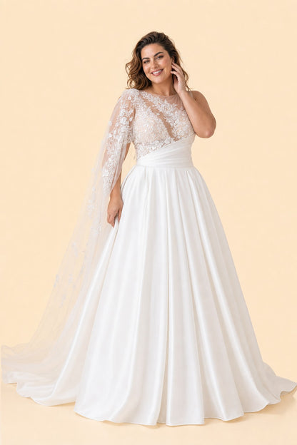 Plus Size A-Line Wedding Dress with Asymmetric Sleeve Lace Panels Open Back and Pockets