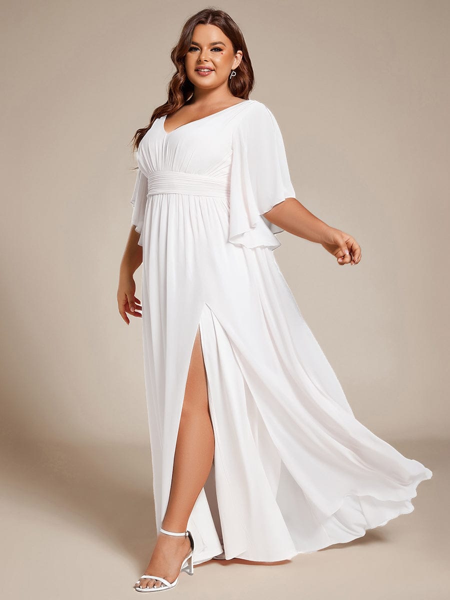 Plus Size Half Sleeve Pleated A-Line V-Neck Chiffon Bridesmaid Dress